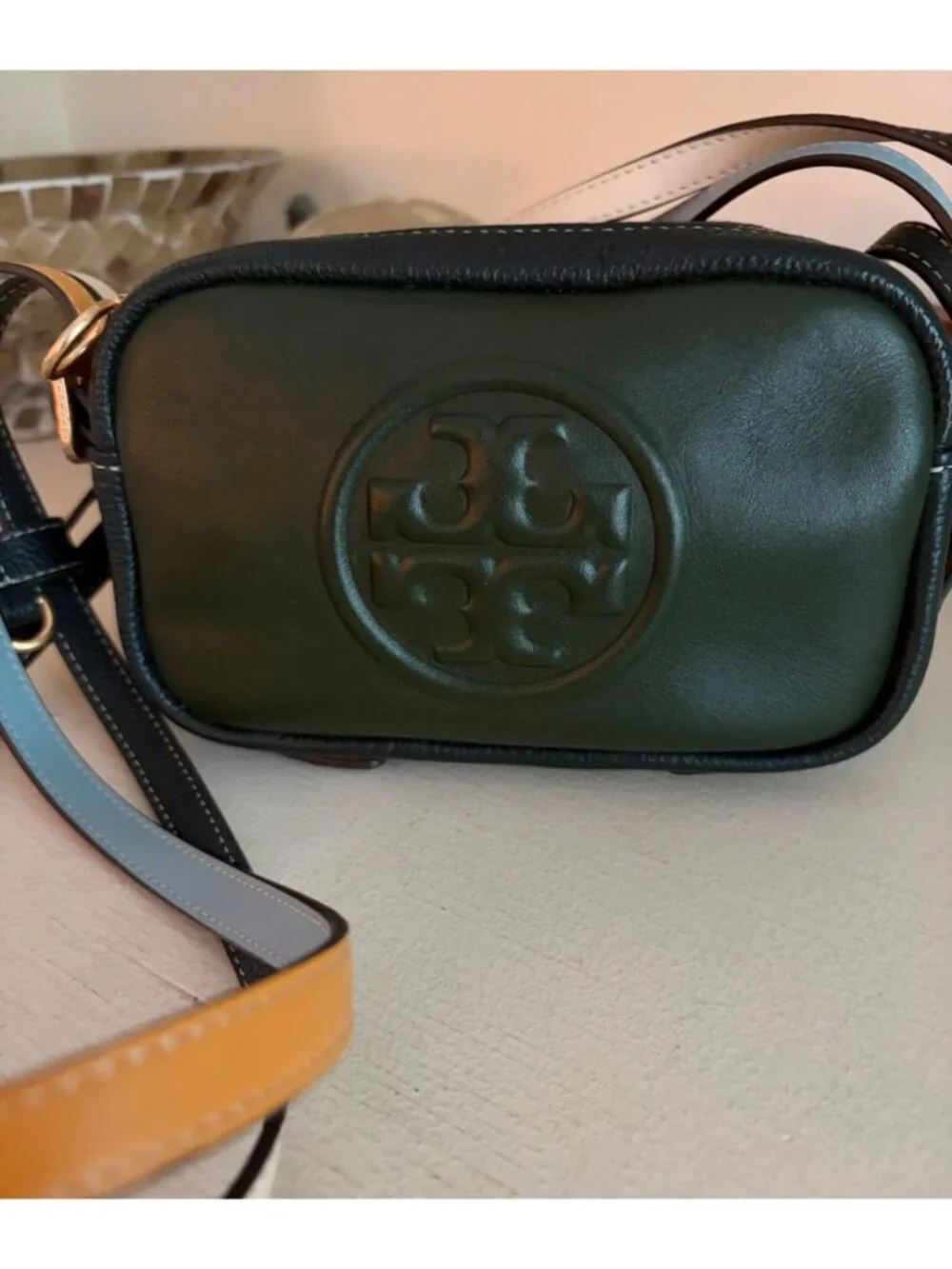 Tory Burch Perry Bombe Leather Patina Dark Green Crossbody Bag - Picture 2 of 12